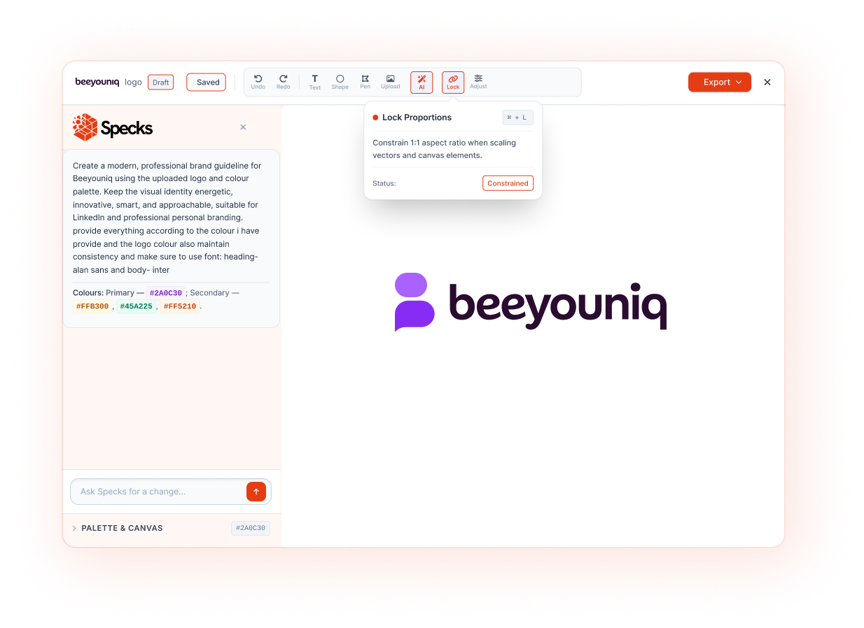 Specks Studio canvas editor with the AI panel open