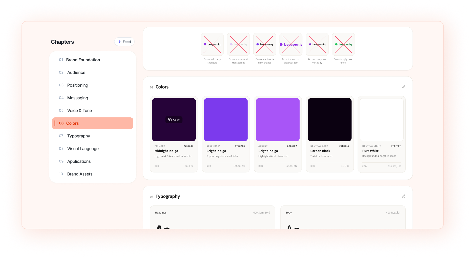 Specks brand guidelines with chapters, colors and typography