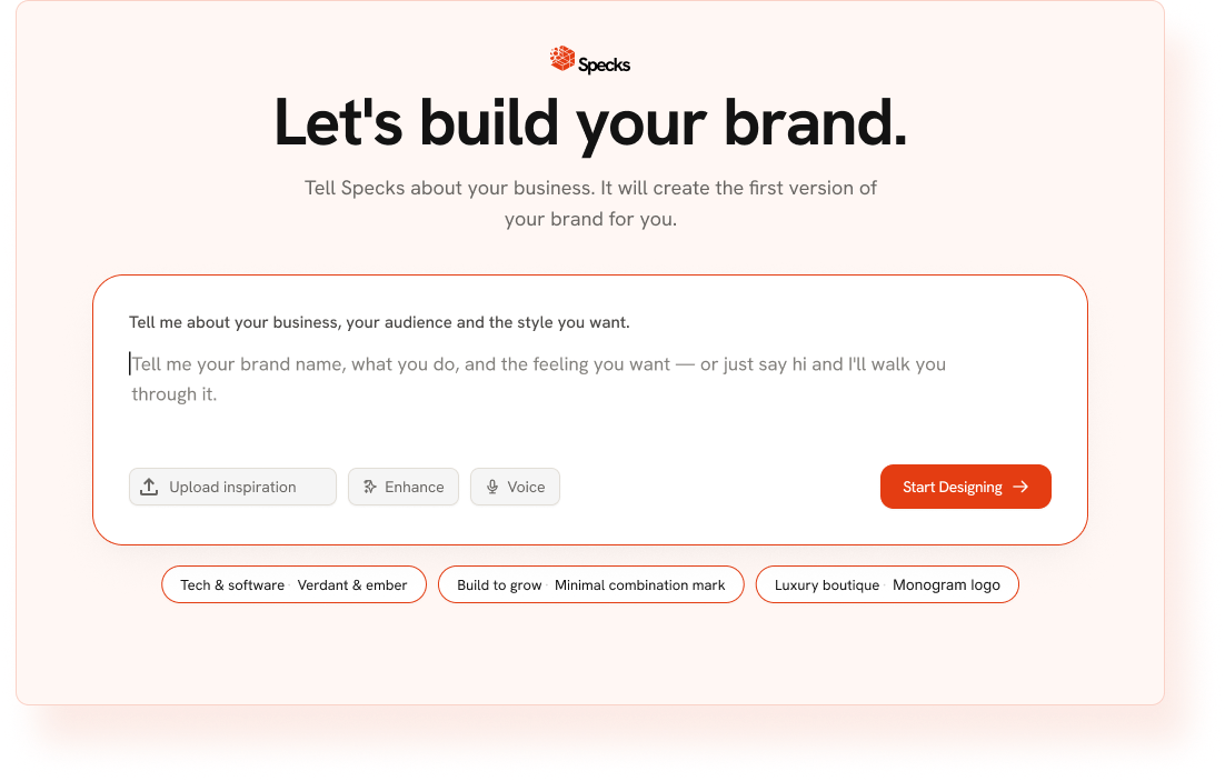 Specks Agent brief screen — Let's build your brand